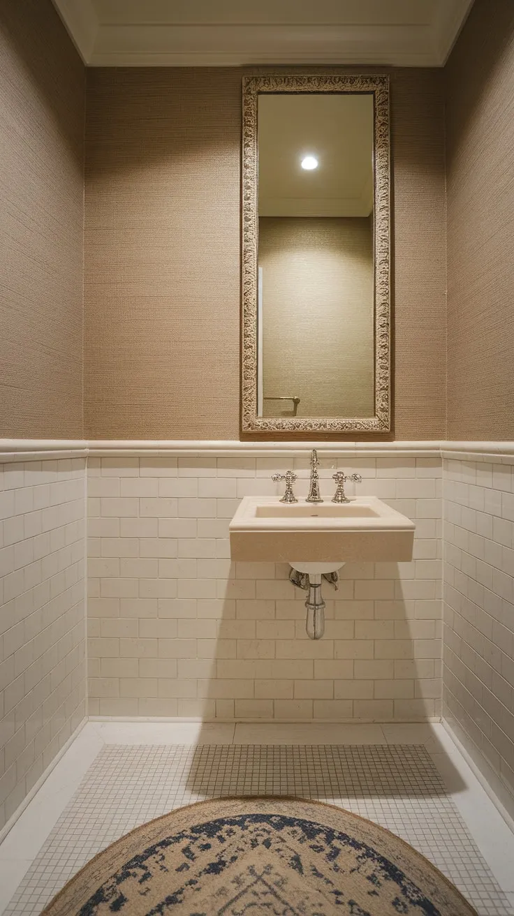 This compact powder room proves that small spaces can be stunning. The thoughtful design, featuring a neutral palette and textured wallpaper, achieves a luxurious feel without sacrificing functionality. The elegant mirror and stylish faucet are the perfect finishing touches.