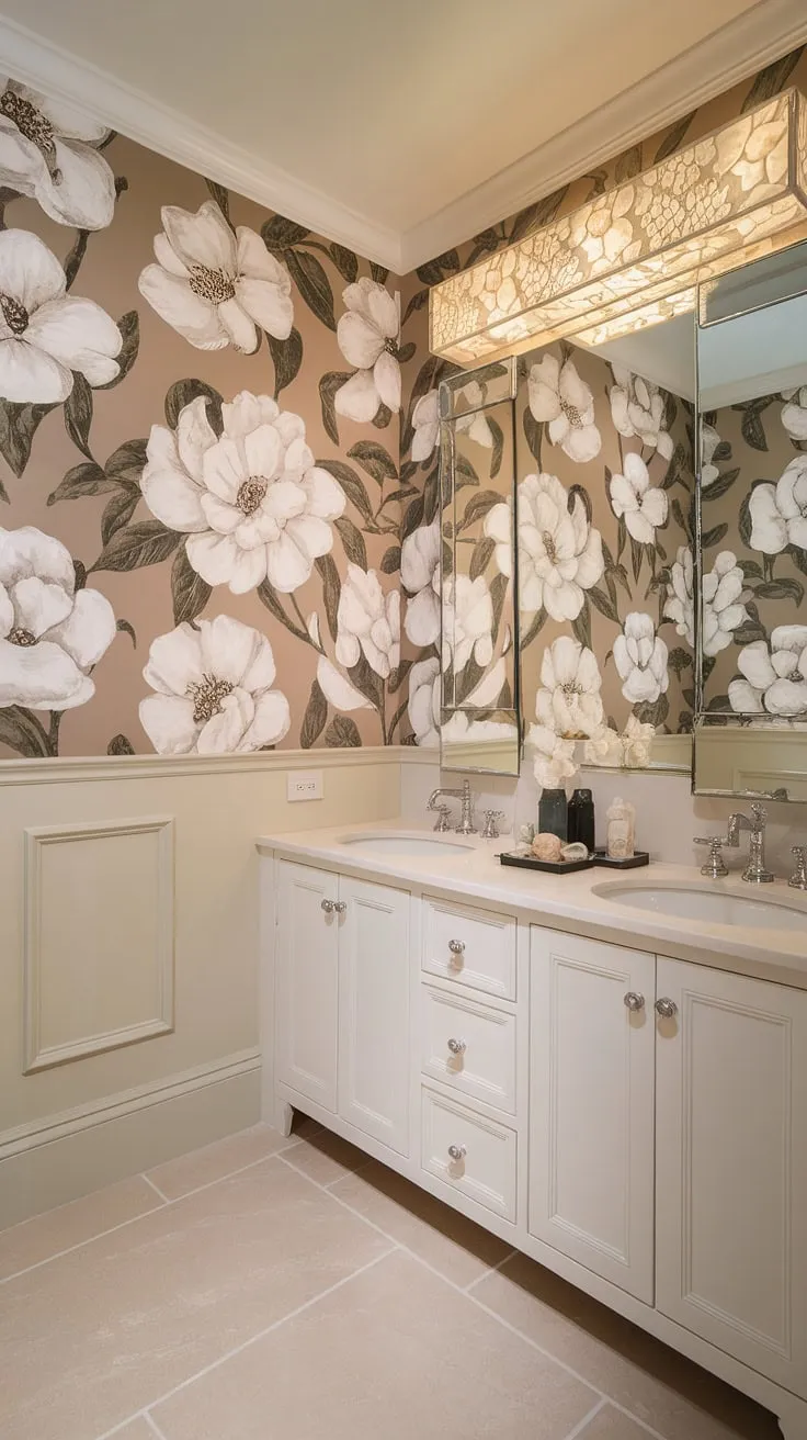 A tranquil escape awaits in this exquisitely designed powder room. The large-scale floral wallpaper adds a touch of whimsy to the otherwise neutral space, while the double vanity ensures ample functionality. A testament to the power of thoughtful design and careful attention to detail.