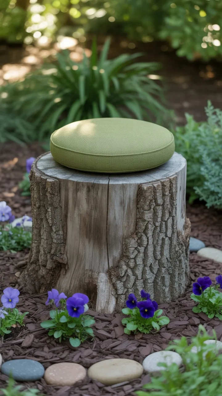 Sunlit Stump Seat Nestled Among Purple Pansies