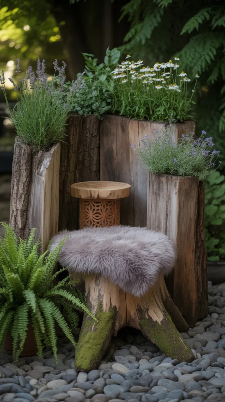 Moss-Kissed Stump Seat Nestled Among Lavender and Ferns