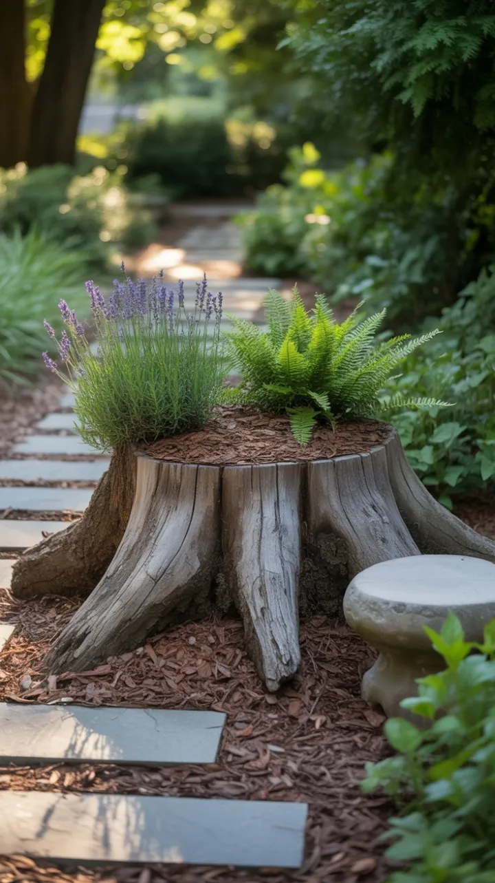Sunlit Stump Sanctuary with Lavender and Ferns