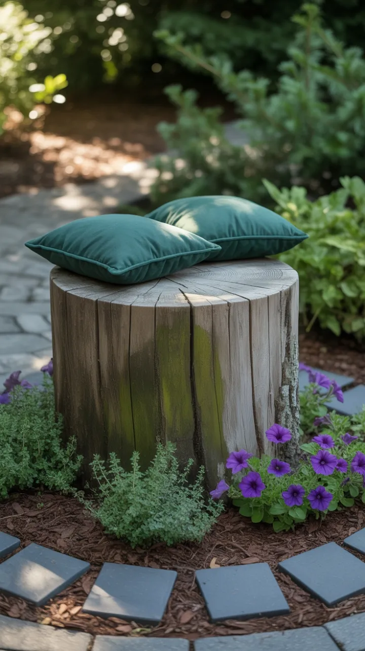 Sunlit Oak Stump Garden Seat with Plush Green Cushions