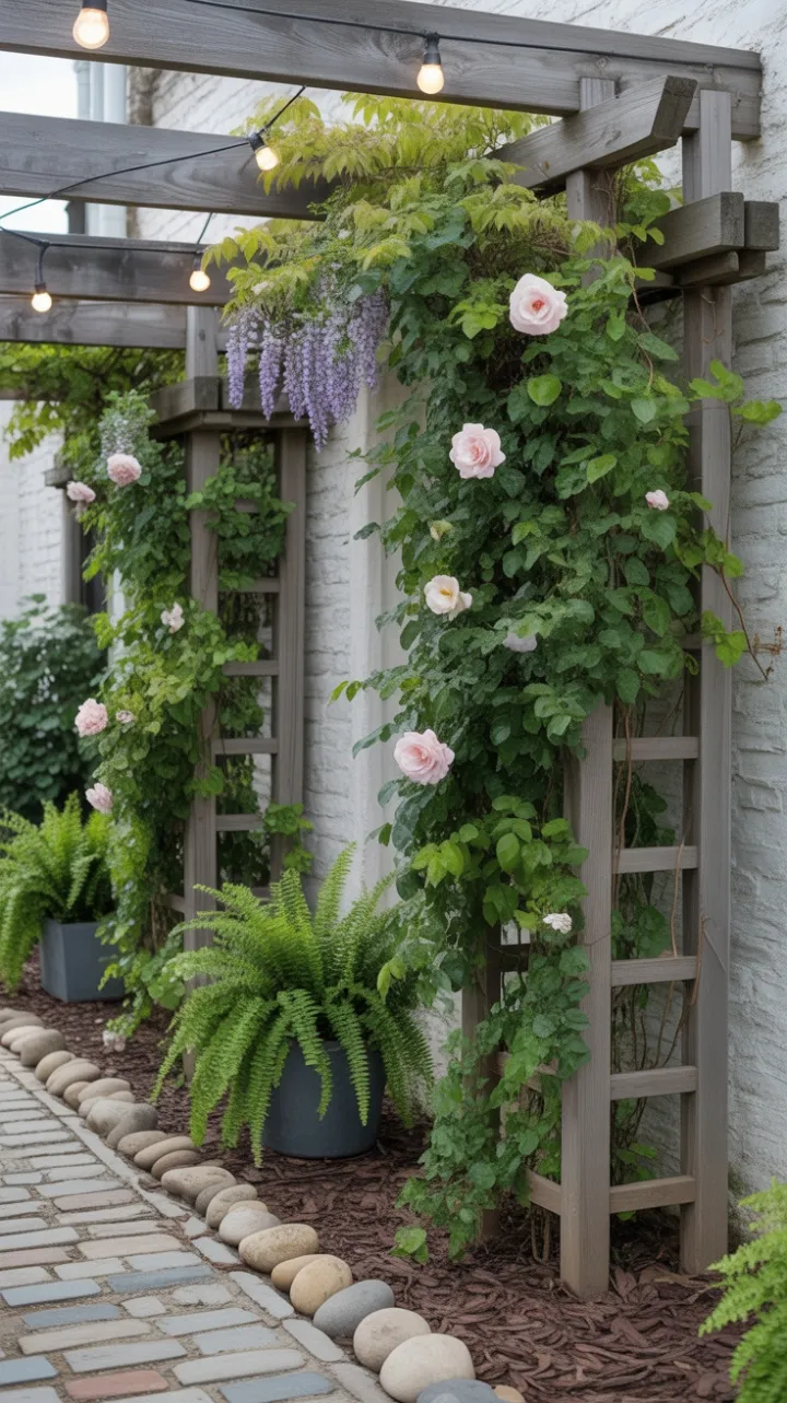 Morning Dew on a Wisteria and Rose Trellis Along a Cobblestone Path