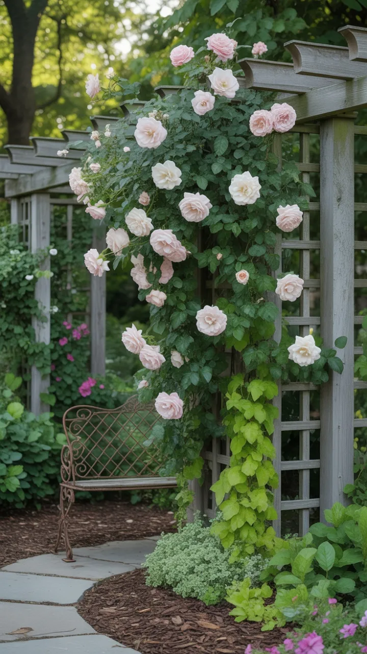 Rose-Draped Trellis and the Winding Path to a Secret Bench