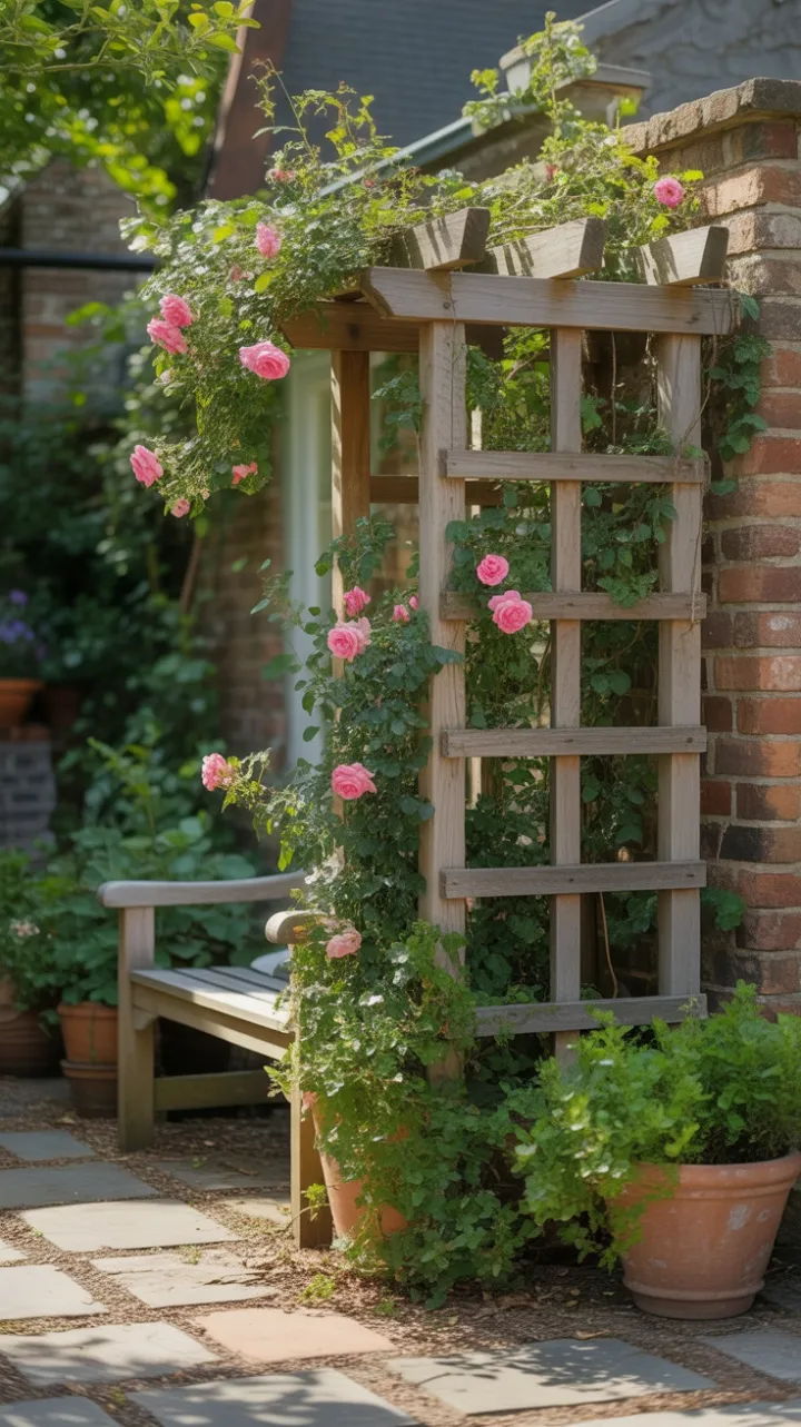 Sun-Dappled Rose Trellis Beside a Weathered Bench