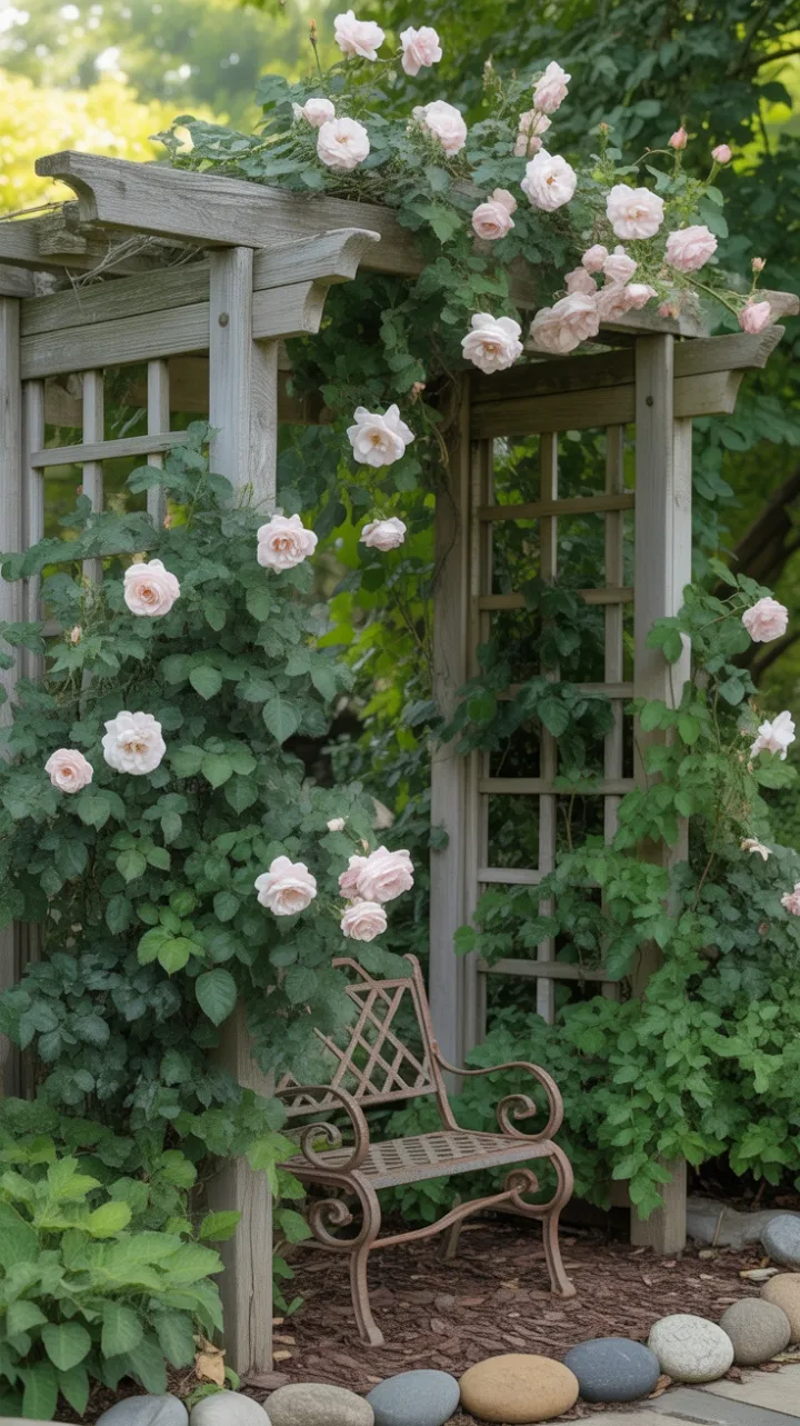 Sunlit Rose Arbor with Antique Wrought-Iron Bench