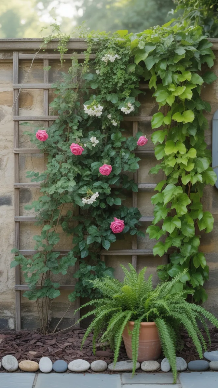 Sunlit Ivy and Roses Cascading Over a Weathered Trellis