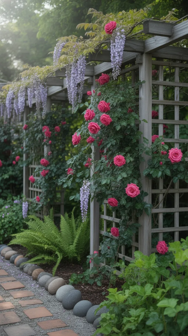 Sunlit Trellis of Crimson Roses and Cascading Lavender Wisteria