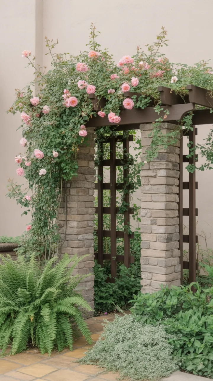 Sunlit Trellis of Climbing Roses and Weathered Stone