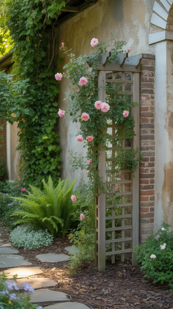 Sunlit Rose Trellis Along a Winding Garden Path