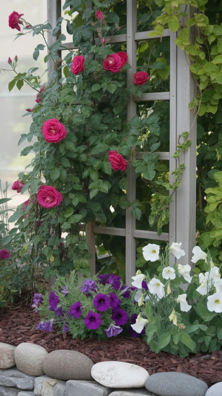 Velvet Crimson Roses Cascading Over a Timeworn Stone Trellis