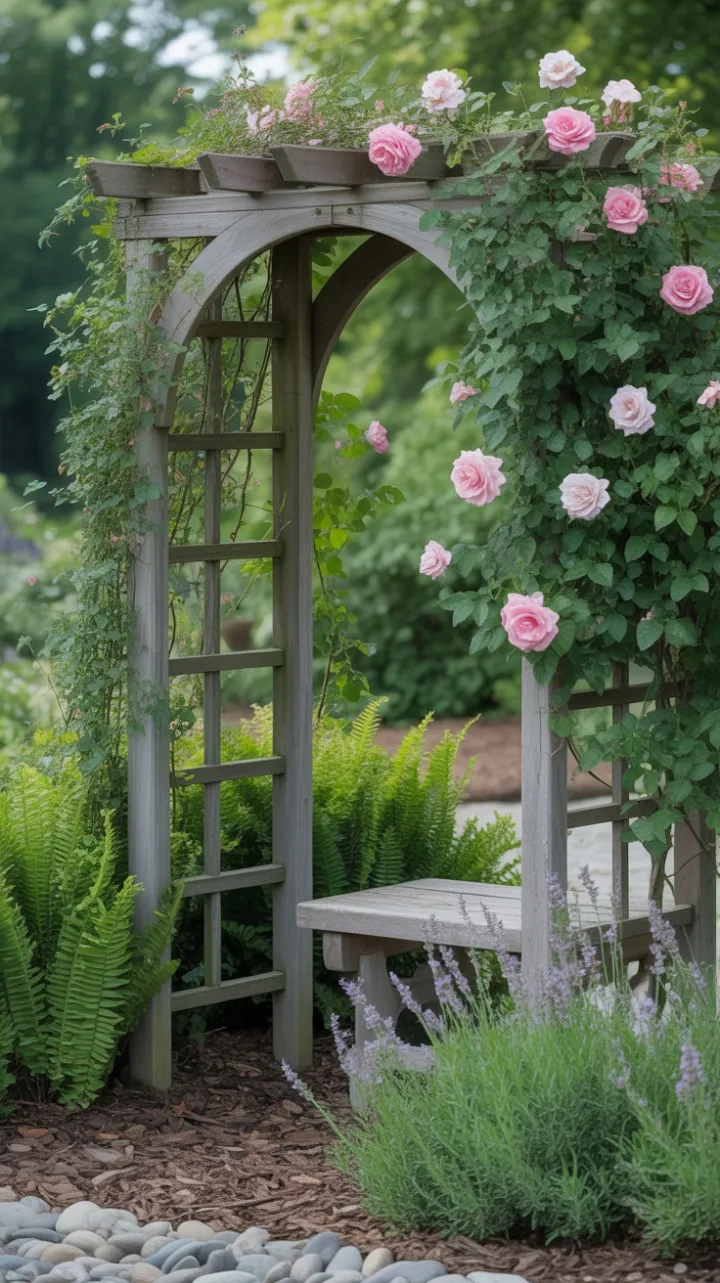Rose-Arched Garden Retreat with Weathered Stone Bench