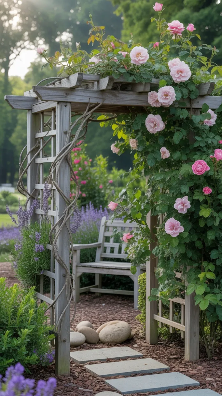 Sunlit Rose Arbour with Lavender Cascades and a Weathered Bench