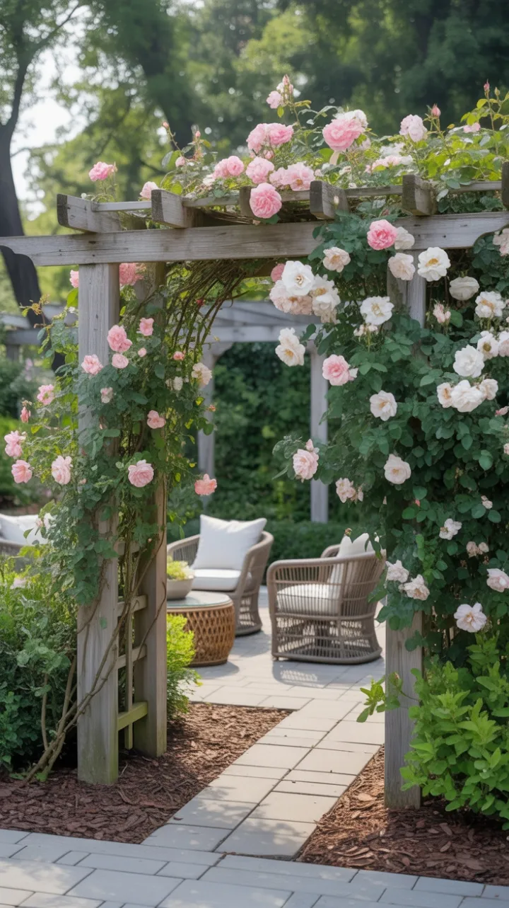 Sunlit Rose Trellis Leading to a Cozy Rattan Retreat