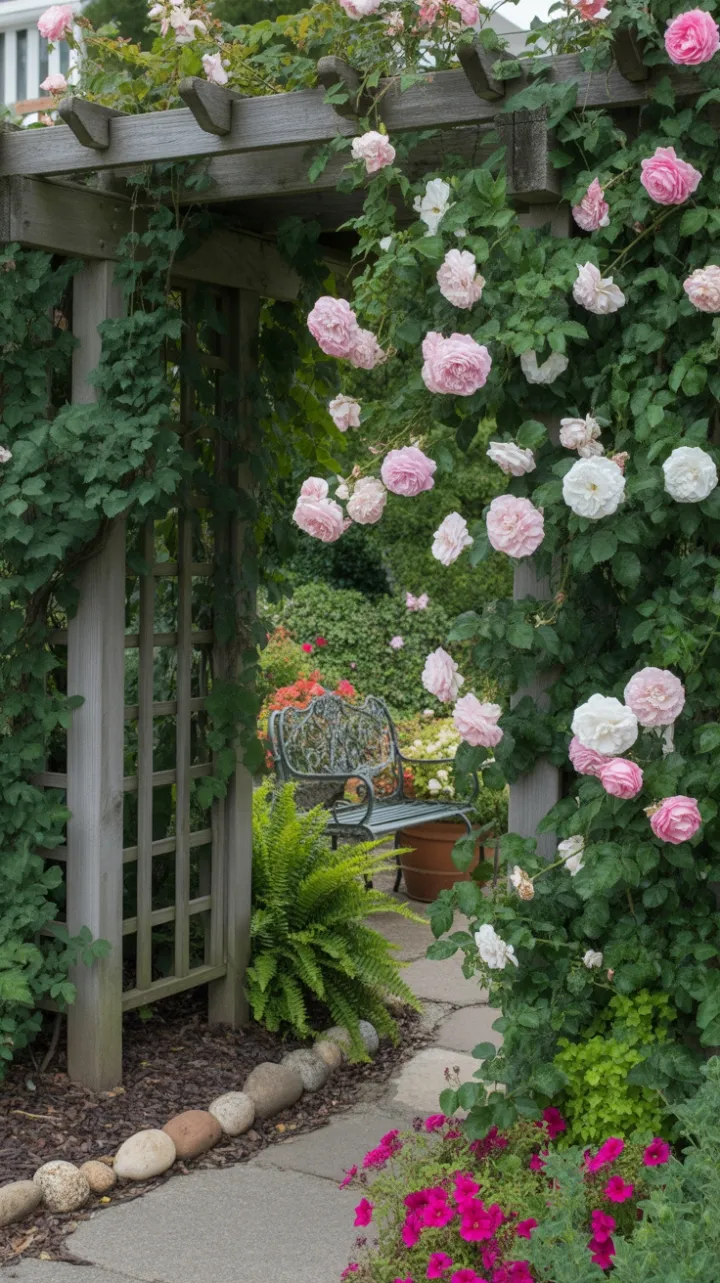 Sunlit Path Through the Rose-Clad Trellis