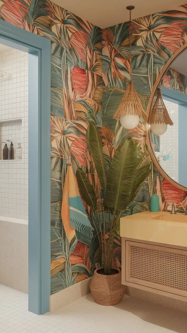 Escape to a vibrant, island-inspired bathroom boasting boho style and Mediterranean tiles