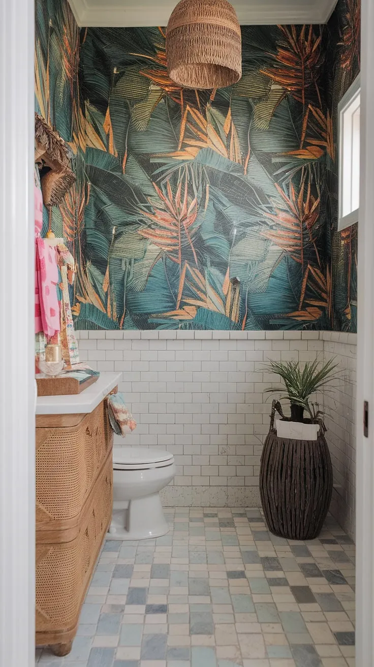 Escape to a vibrant, boho-chic tropical bathroom featuring Mediterranean tiles and island-inspired decor