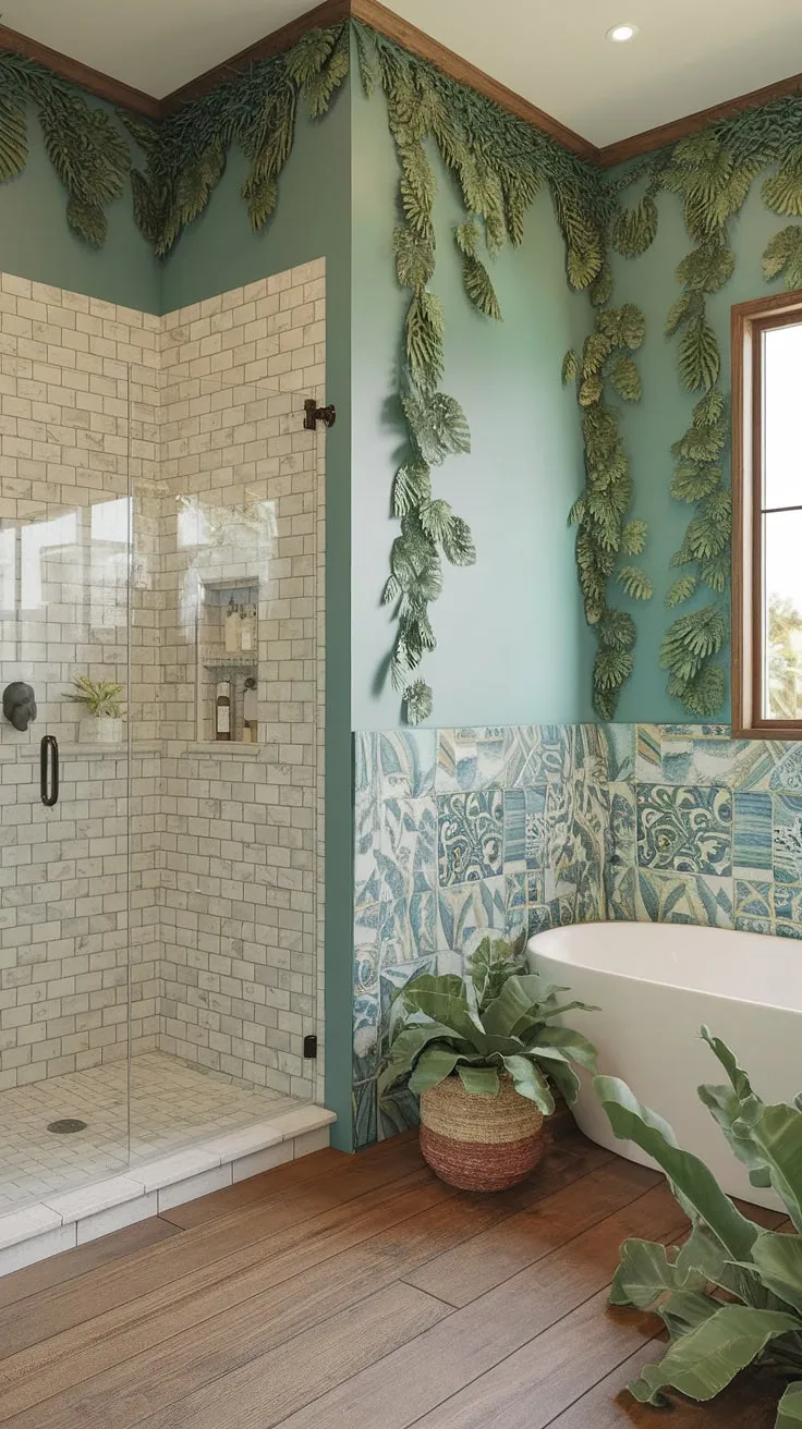 This island-inspired bathroom boasts vibrant Mediterranean tiles, wooden floors, and lush greenery, creating a beachy boho escape.