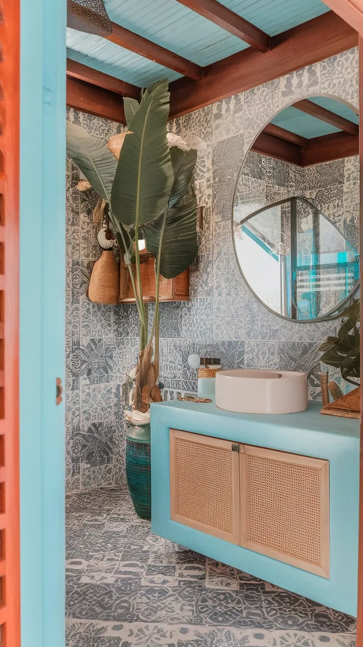 Escape to a vibrant, island-inspired bathroom with Mediterranean tiles and boho beach style