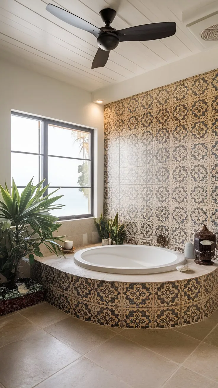 A round bathtub, patterned tiles, and a ceiling fan create a luxurious tropical bathroom oasis.