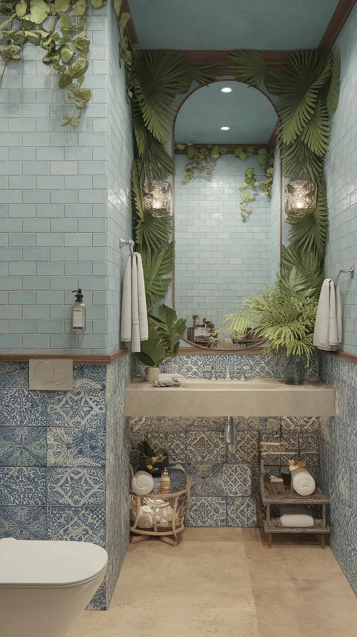 Escape to a vibrant, boho-chic tropical bathroom featuring Mediterranean blue and white tiles and lush greenery