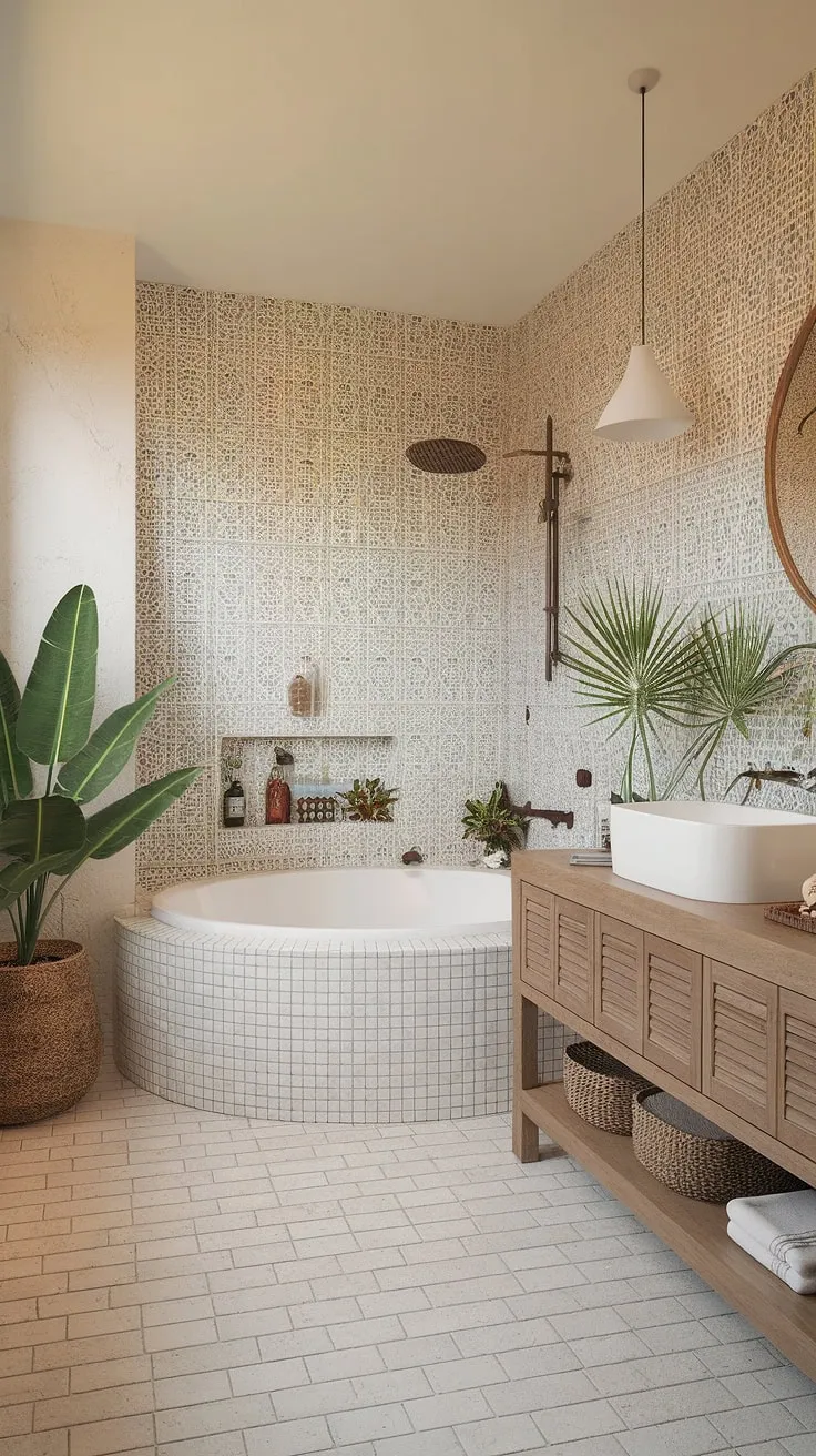 Indulge in a boho-chic tropical bathroom oasis featuring a free-standing tub and Mediterranean-inspired tilework.