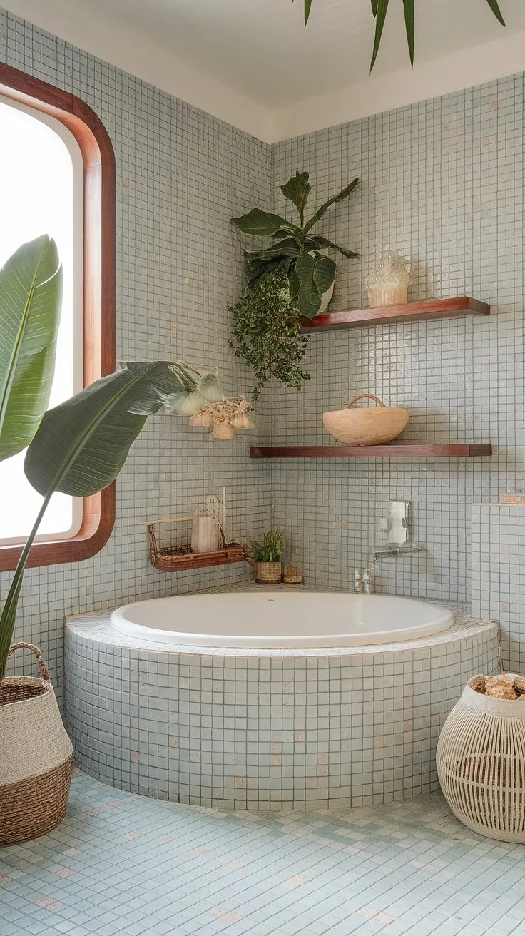 A vibrant, boho-island bathroom features white tiles, a circular tub, and tropical plants, creating a serene coastal escape