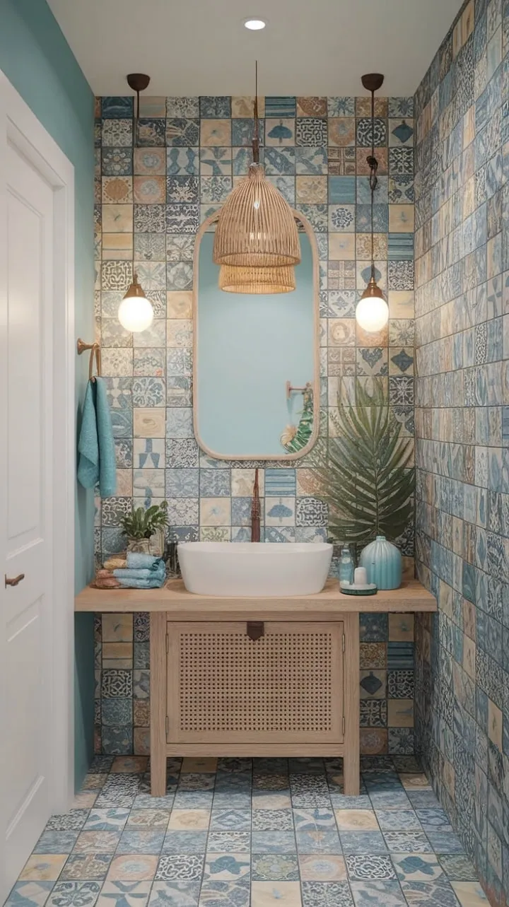 Transform your bathing experience into a tranquil oasis with vibrant Mediterranean tiles and boho chic decor that evoke the essence of paradise.