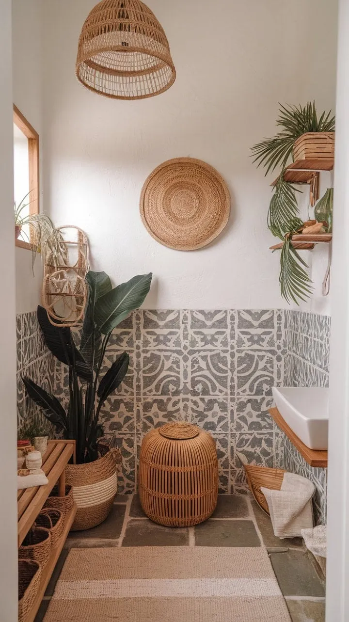 Transform your daily routine into a tropical getaway with a boho-chic bathroom adorned in Mediterranean tiles and lush greenery.