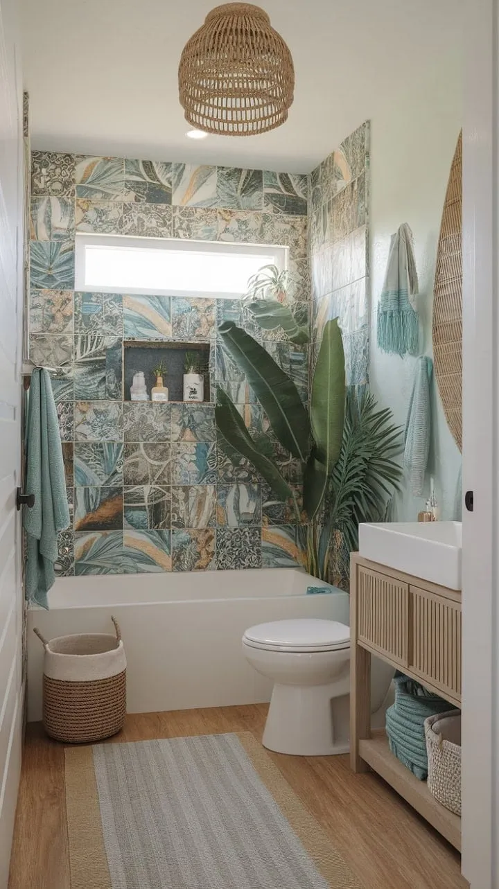 Transform your bathroom into a serene island oasis with vibrant Mediterranean tiles and lush tropical accents for the ultimate relaxation retreat.