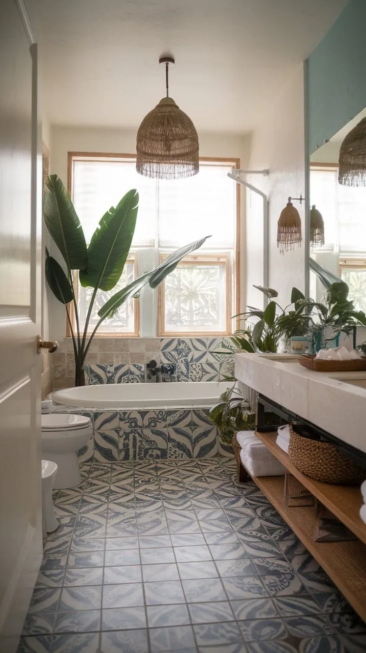 Transform your daily routine into a serene escape with a vibrant bathroom that blends Mediterranean tiles, boho chic, and lush tropical plants for a beachy oasis.
