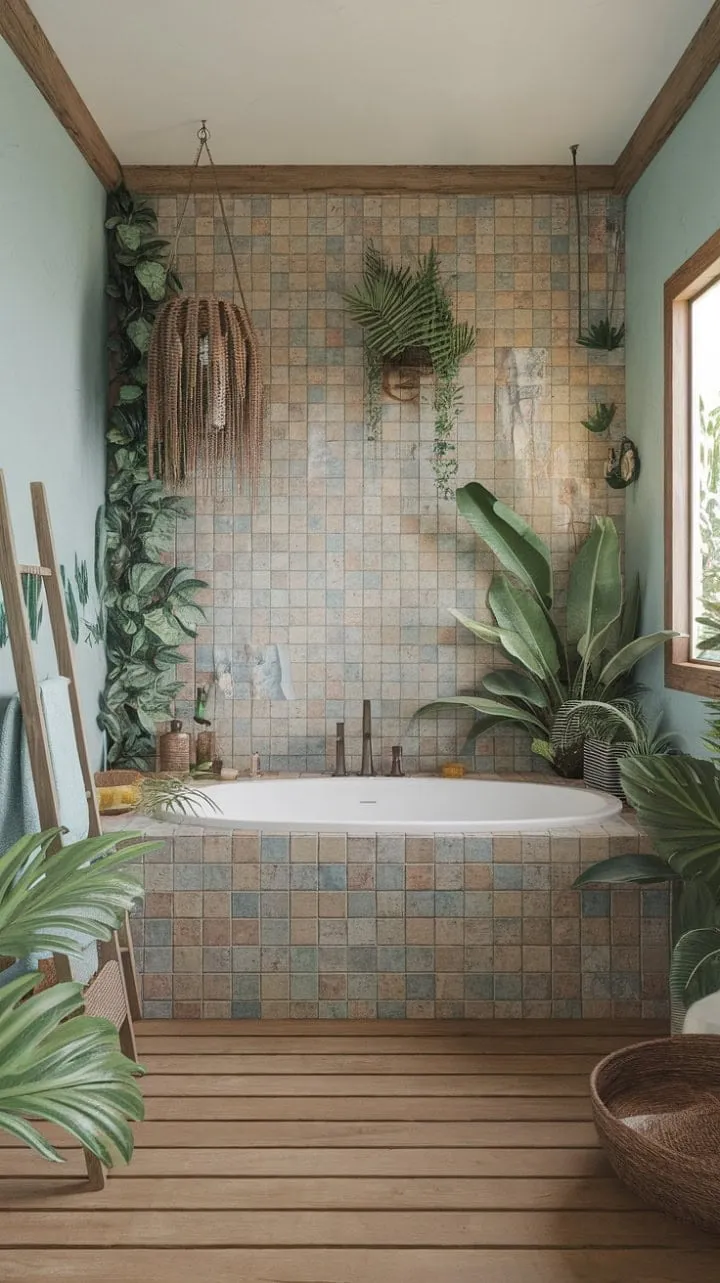 Escape to a boho-chic bathroom oasis where coastal charm, a freestanding tub, and lush greenery create a luxurious island retreat for your senses.