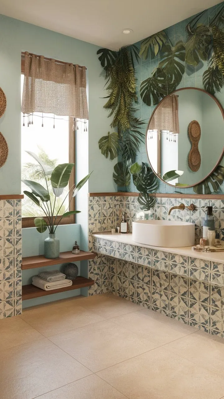 Transform your daily routine into a serene getaway with a vibrant bathroom that fuses Mediterranean tiles, lush greenery, and boho charm.