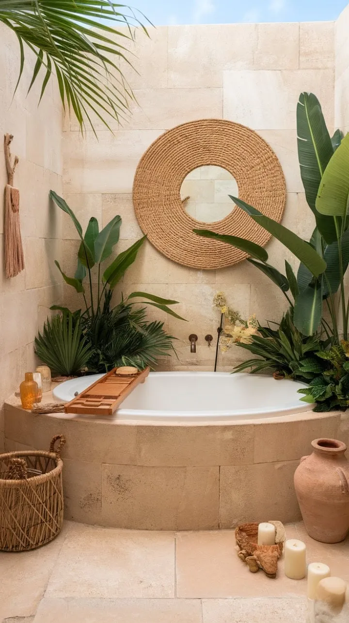 Experience a blissful escape in this tropical bathroom sanctuary, where handcrafted details and coastal charm harmonize to evoke relaxation and vibrant energy.