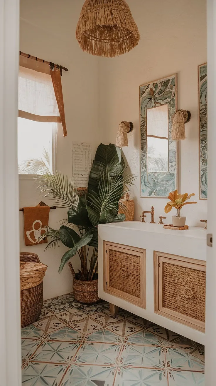A beachy bathroom evokes paradise with its coastal decor and tropical accents.
