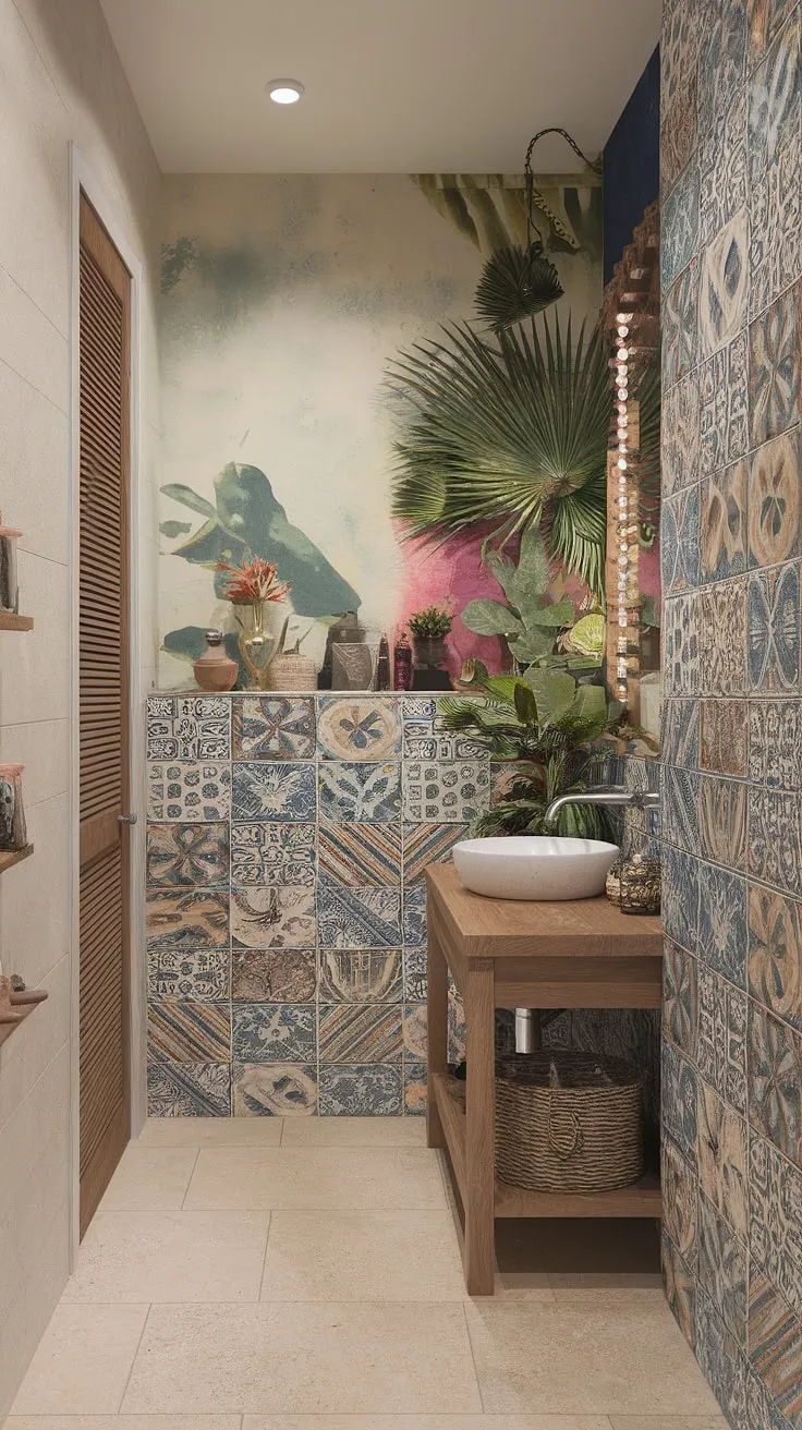 Escape to a vibrant, island-inspired bathroom boasting boho style and Mediterranean tiles