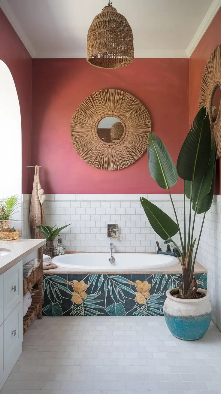 Vibrant colors and tropical plants transform a boho-chic bathroom into a coastal paradise