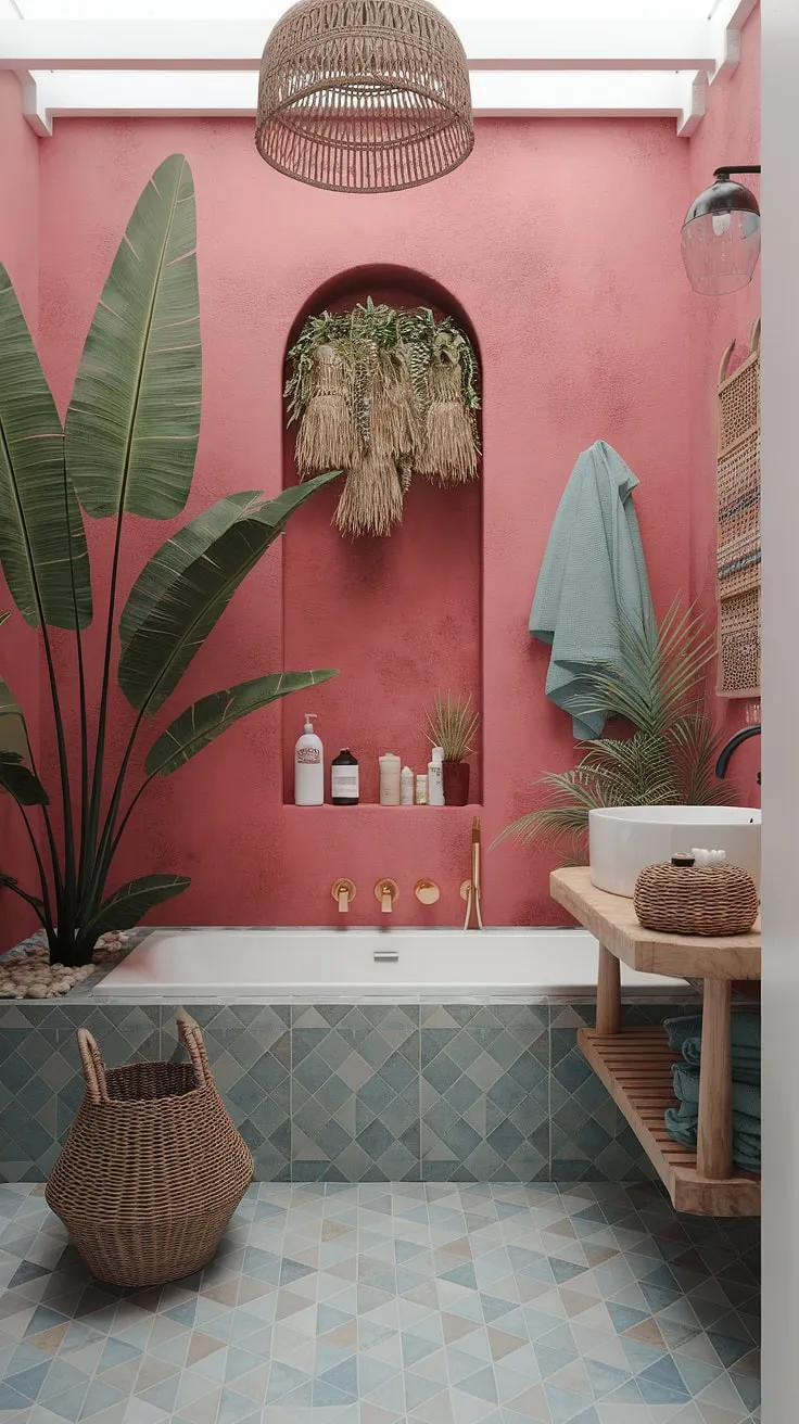 This boho bathroom's Mediterranean tiles and beachy style create a tranquil escape.