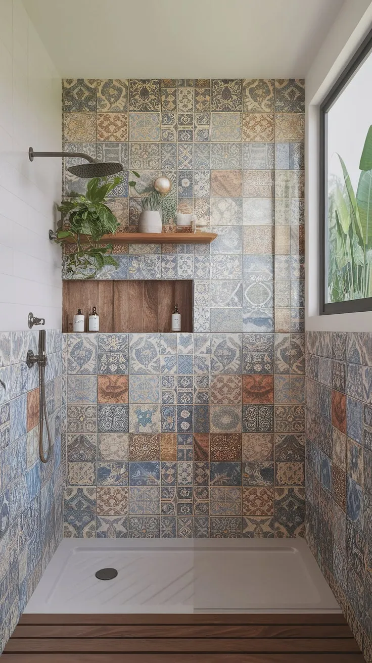 Indulge in a coastal-boho tropical bathroom featuring Mediterranean tiles, island-inspired patterns, and a lush green view.