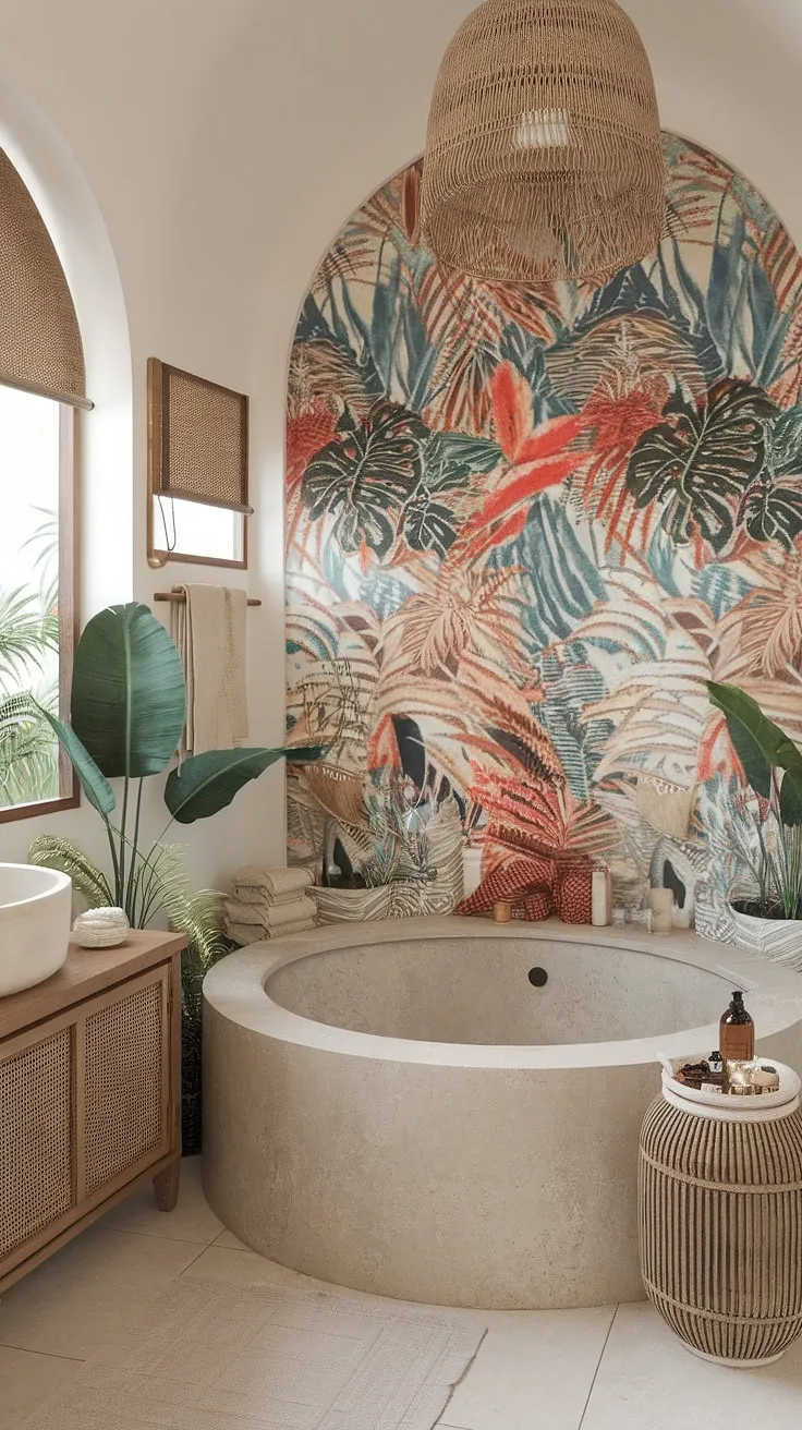A round bathtub and island-inspired patterns create a beachy tropical bathroom oasis.
