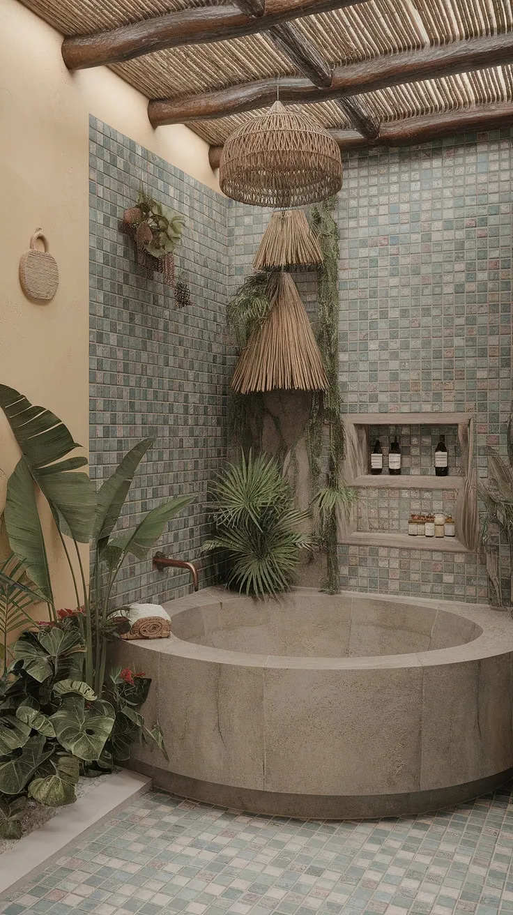 Mediterranean tiles and tropical plants transform a bathroom into a vibrant beachside oasis with a freestanding stone tub.