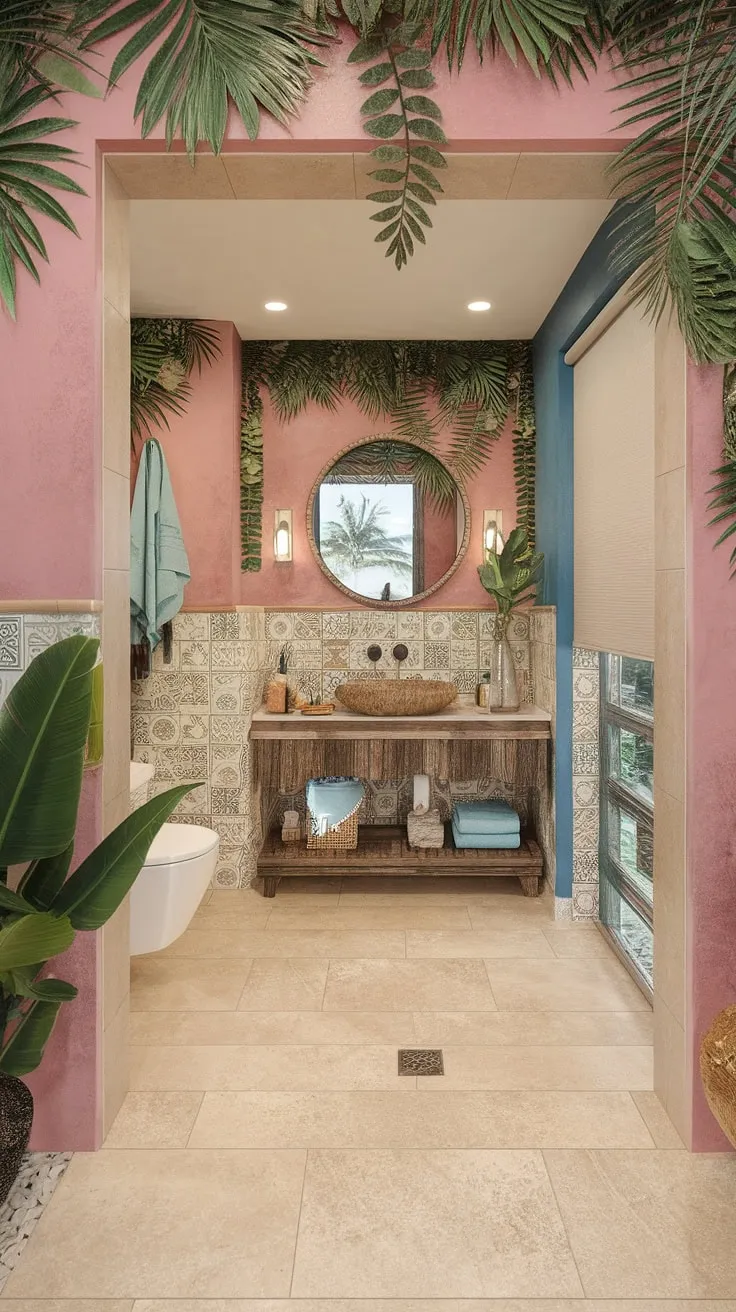 A beachy boho bathroom boasts Mediterranean tiles, lush greenery, and wooden accents for an island-inspired retreat.