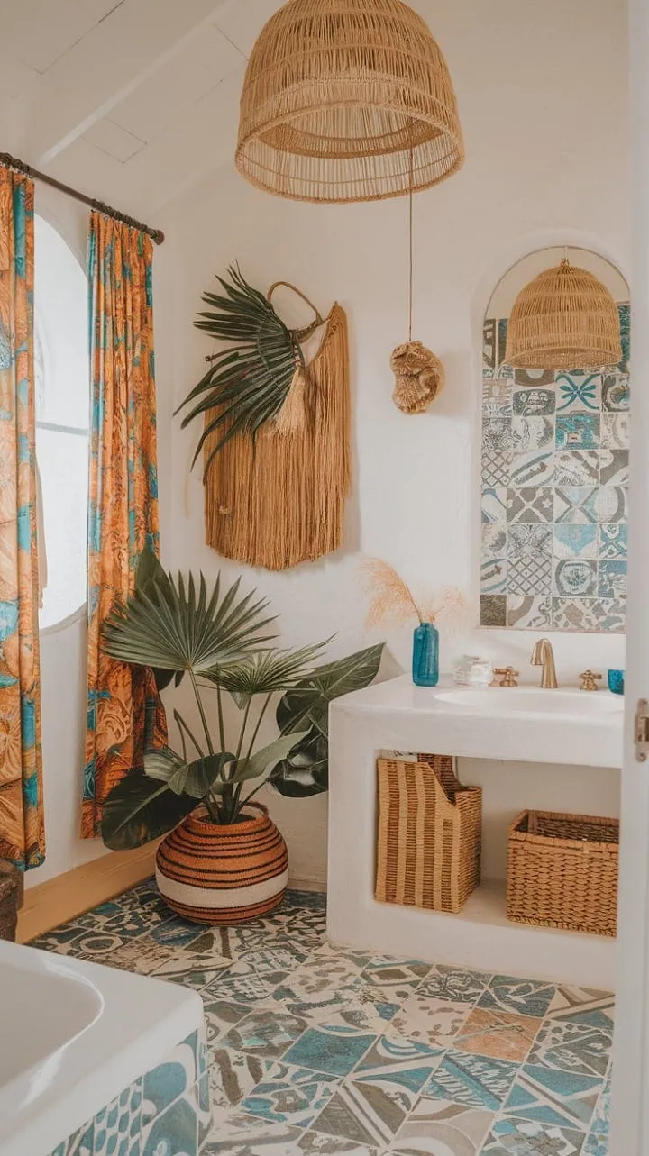 Experience an unforgettable escape in this island-inspired bathroom, where Mediterranean tiles meet tropical decor for a perfect blend of luxury and tranquility.