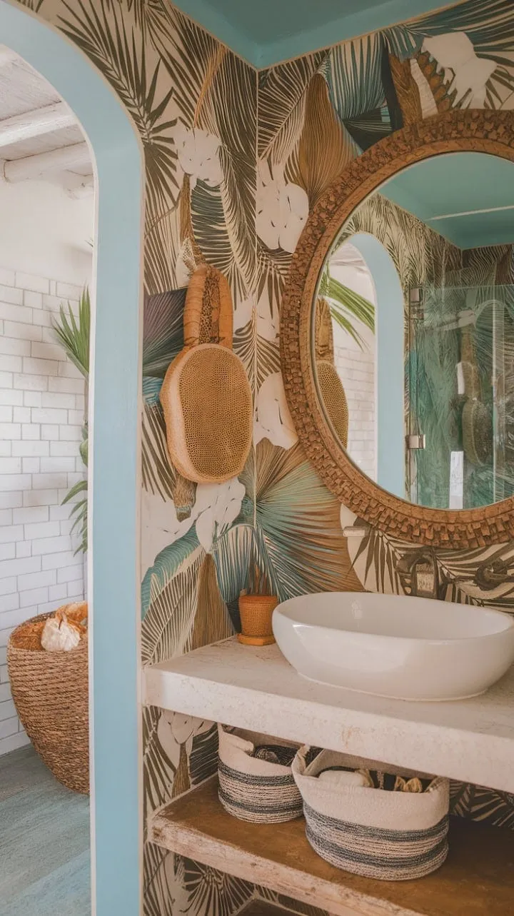 Transform your bathing experience into a luxurious island getaway with vibrant Mediterranean tiles and boho chic design that invites relaxation.
