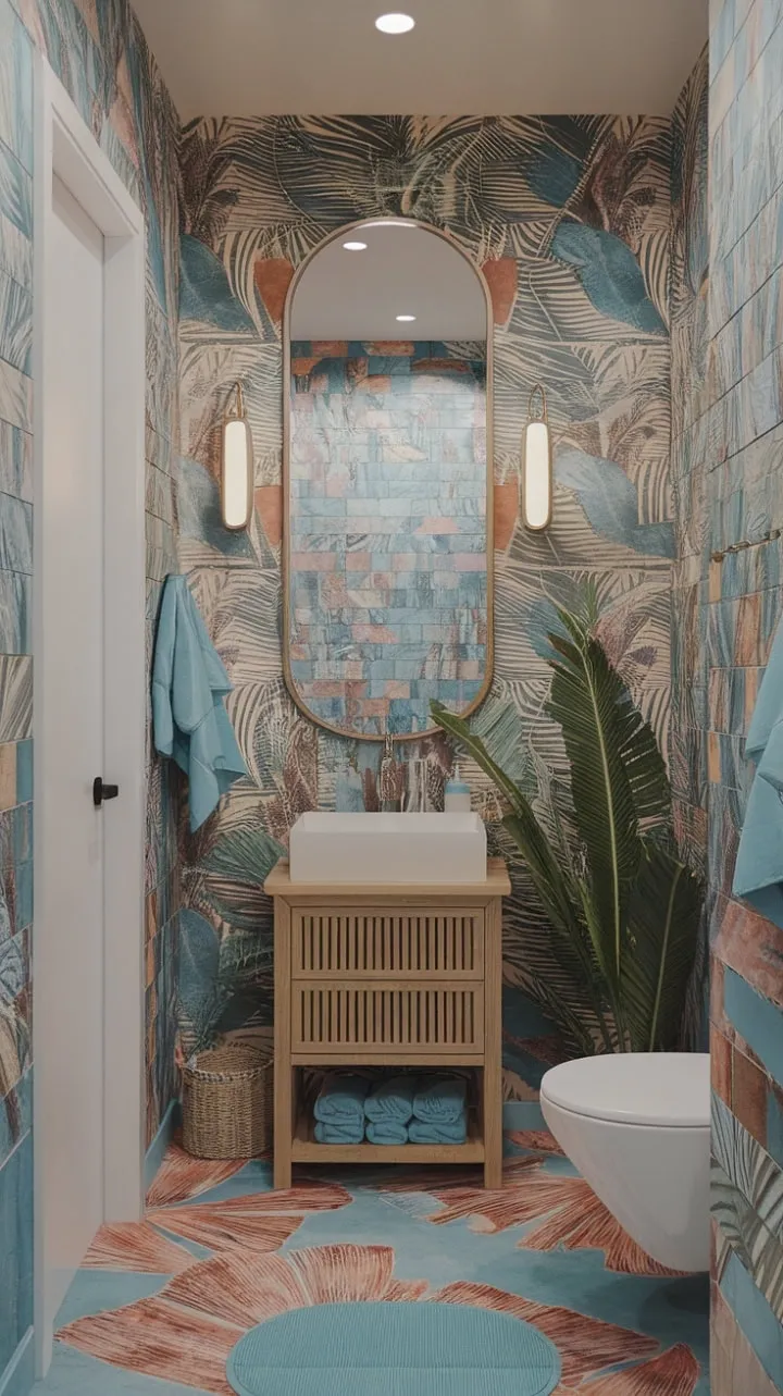 Transform your daily routine into a serene getaway with a vibrant bathroom that fuses Mediterranean tiles and boho chic decor for a tropical oasis.