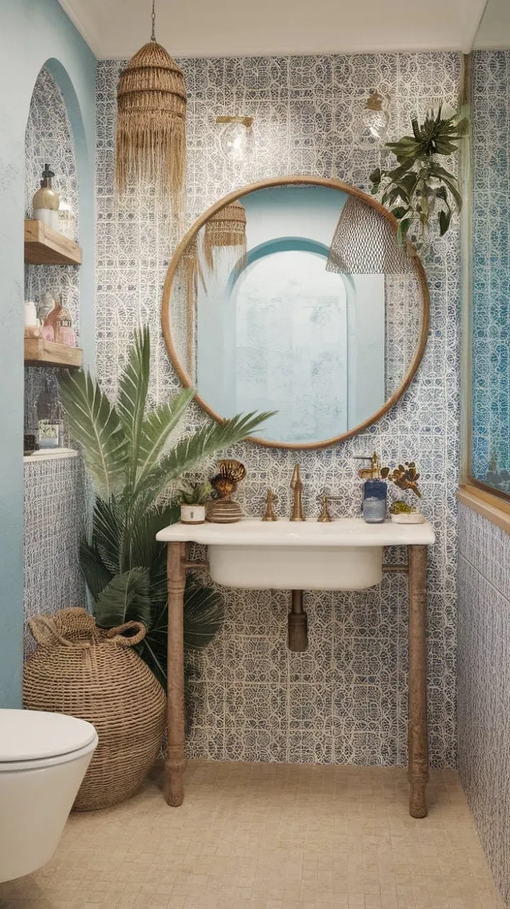 Transform your daily routine into a serene getaway with a vibrant bathroom that blends Mediterranean tiles and boho chic, featuring a vintage faucet and lush tropical plants for an island-inspired oasis.