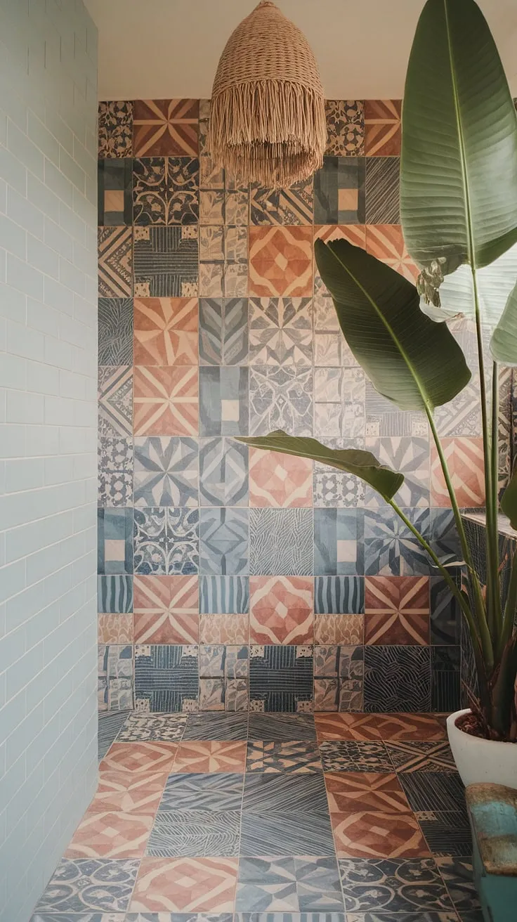 A boho-chic tropical bathroom, adorned with Mediterranean tiles and lush greenery, evokes a beachy island paradise.