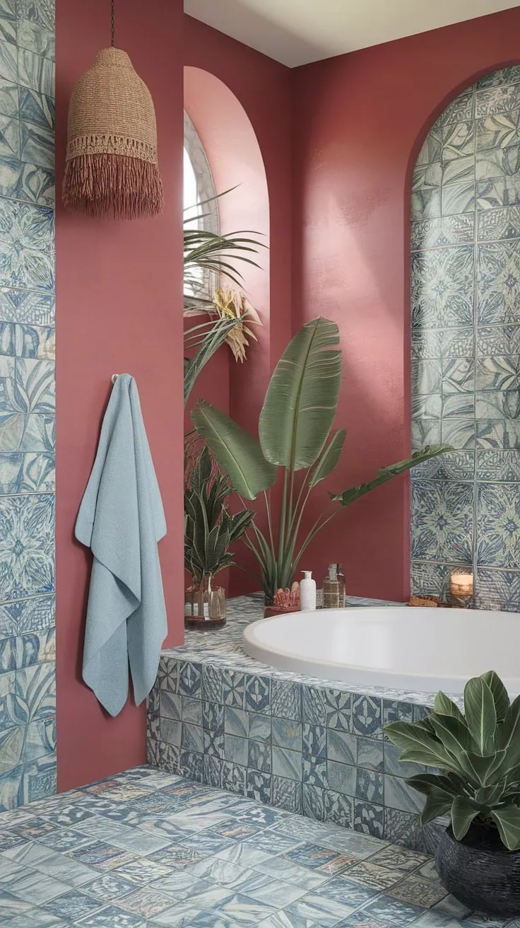 Vibrant colors and Mediterranean tiles create a luxurious, boho-chic tropical bathroom oasis.
