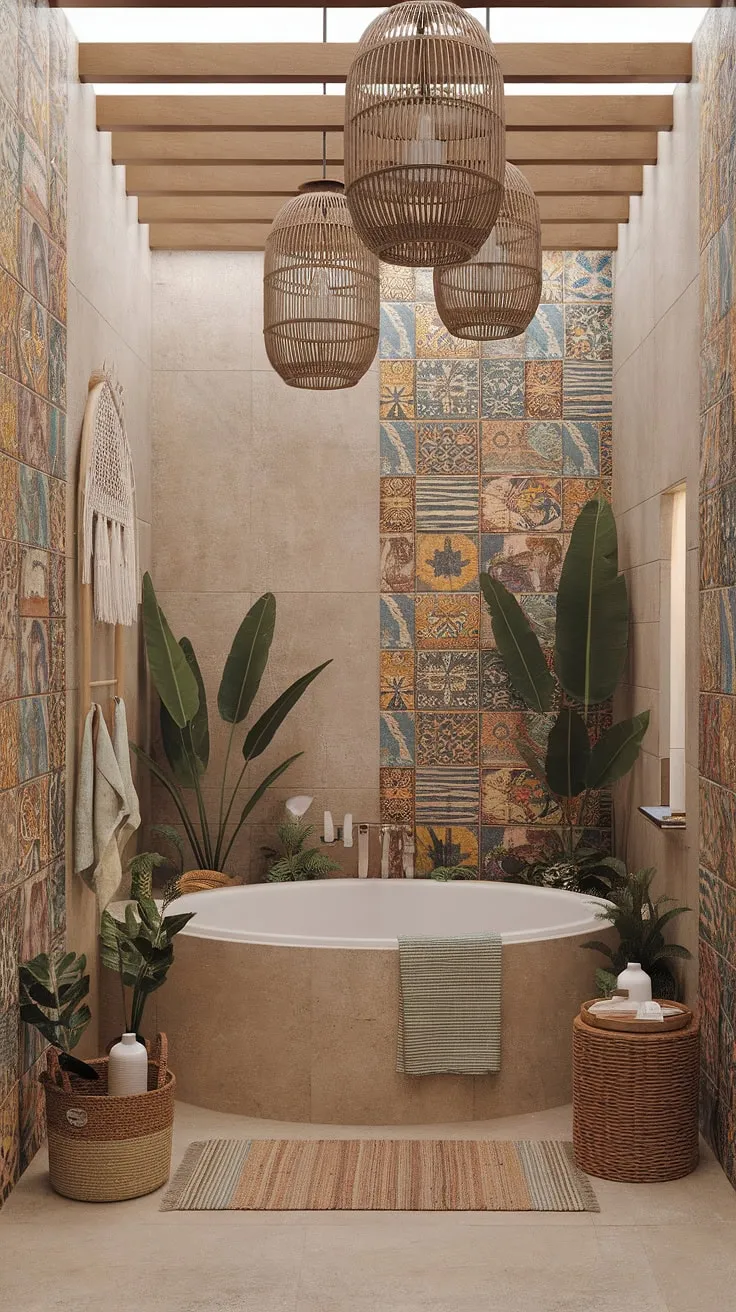 Escape to a vibrant, boho-chic tropical bathroom oasis featuring Mediterranean tiles and island-inspired decor