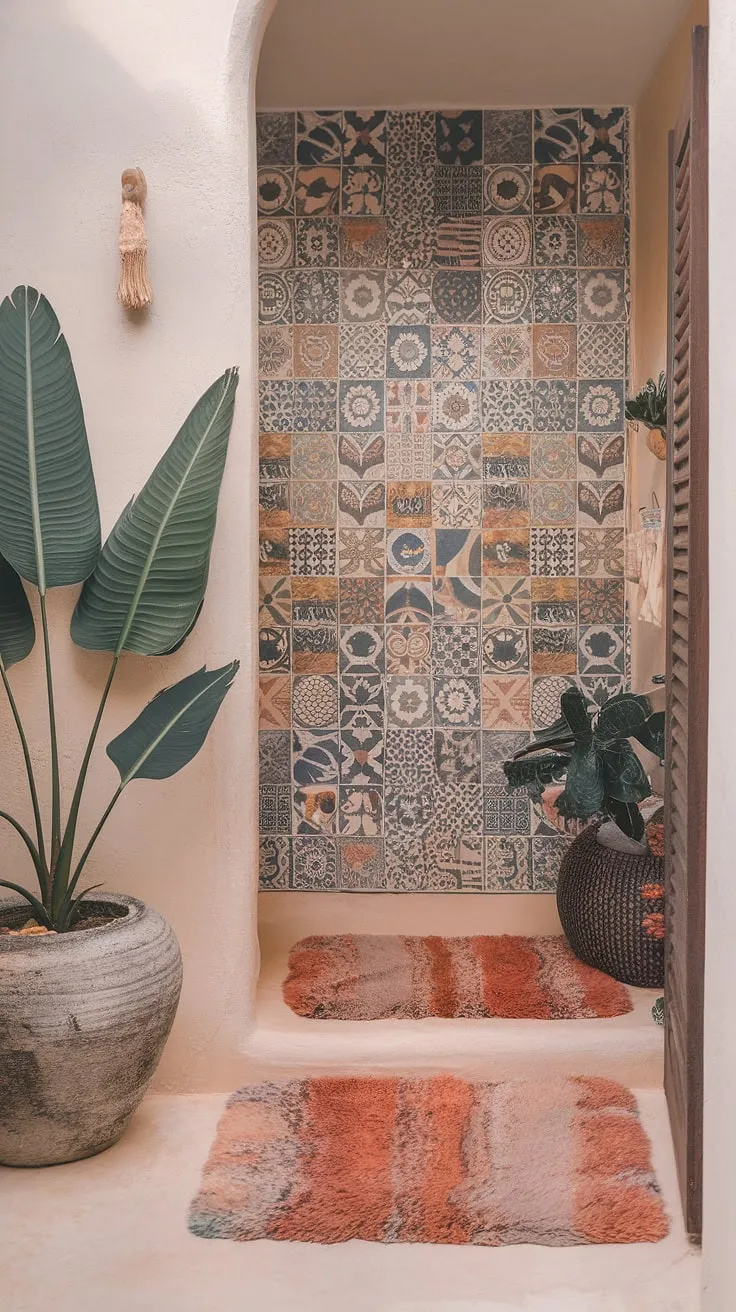 Escape to a serene beach-inspired bathroom boasting vibrant Mediterranean tiles and island-themed patterns